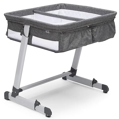 Simmons Kids By The Bed City Sleeper Bassinet for Twins – Adjustable Height Portable Crib with Wheels & Airflow Mesh, Grey Tweed