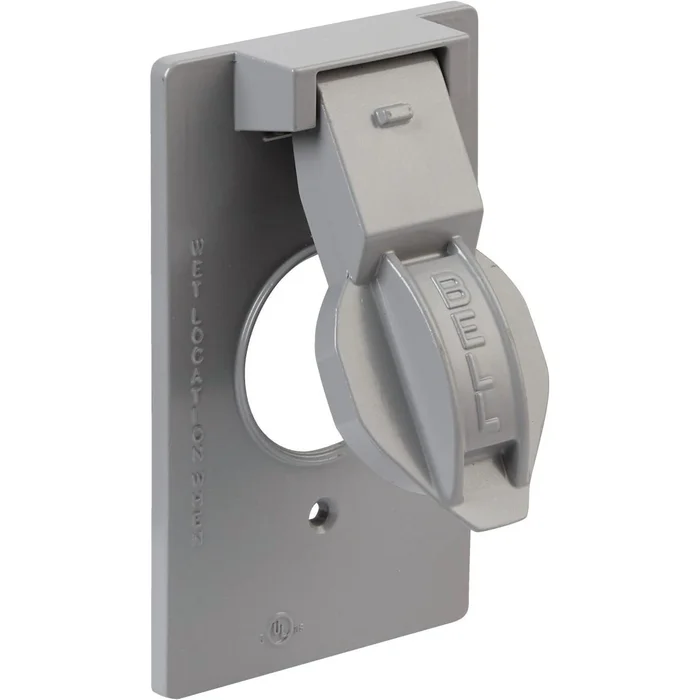 Single Gang Vertical Mount Die-cast Metal Gray Weatherproof Outdoor Outlet Cover, Shrink Wrapped