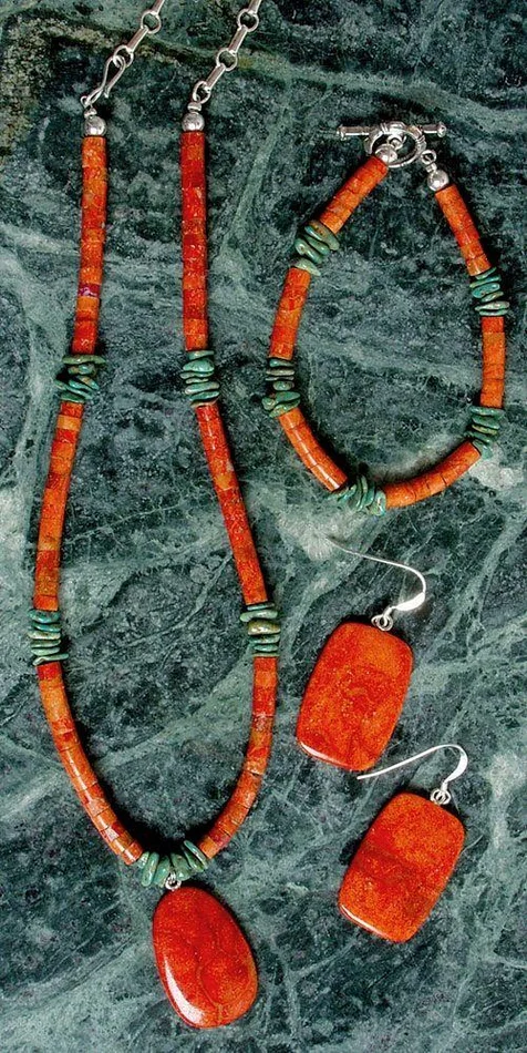 Slab Apple Coral & Turquoise Necklace, Bracelet & Earrings Set