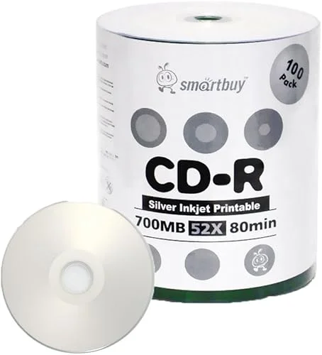 Smartbuy 100-disc 700mb/80min 52x CD-R Silver Inkjet Hub Printable Blank Recordable Media Disc