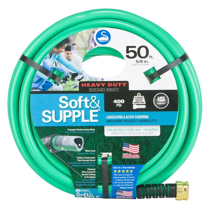 Soft And Supple Garden Hose 5/8 Inch By 50 Feet Heavy Duty 400 Psi Burst Strength
