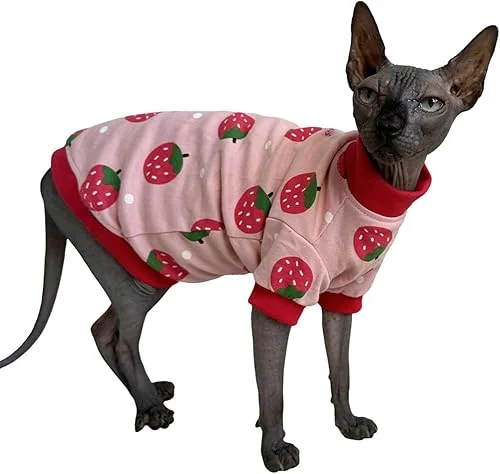 Sphynx Cat Clothes Vest Hairless Cat T-Shirts Pet Kitten Clothes Kitten Shirts Vest Cats & Small Dogs Apparel (Strawberry, Large)