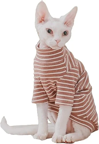Sphynx Cats Warm Fleece Shirt Cat Turtleneck Undershirt Thermal Hairless Cat Clothes for Sphynx, Devon, Cornish Cat Clothes and Small Kitten and Dogs (Coffee Bold Stripe, Large)