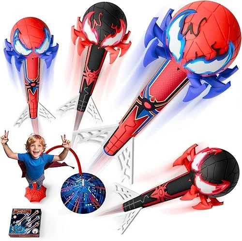 Spider Rocket Launcher for Kids, 4 Spider Rockets with Web Air Pump, Stomping Launch up Toys, Indoor/Outdoor Spider Toys Gifts for 3 4 5 6 7 8 9 10 Year Old Boys Girls Age 3-4 4-6 6-8 Birthday Gift