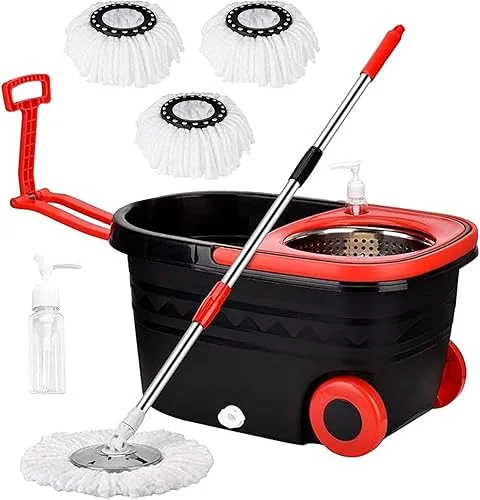 Spin Mop and Bucket Set, 360 Spinning Mop Bucket System with 3 Microfiber Mop Heads, Mop and Bucket Set with Wheels for Home and Office (Black)