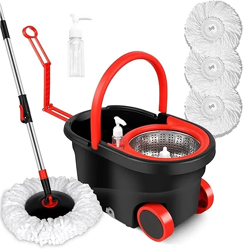Spin Mop and Bucket,Spin Mop and Bucket with Wringer Set for Home,Stainless Steel 360 Floor Mop Bucket on Wheels,3 Microfiber Mop Replacement Heads and Adjustable Handle (Black)