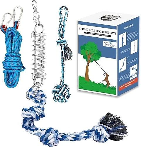 Spring Pole Dog Rope Toys: Dog Rope Pull & Tug of War Toy with a Big Spring Pole Kit & 2 Strong Dog Rope Toys & 16ft Rope – Muscle Builder Interactive Dog Toy for Pitbull Medium Large Dog Alaska
