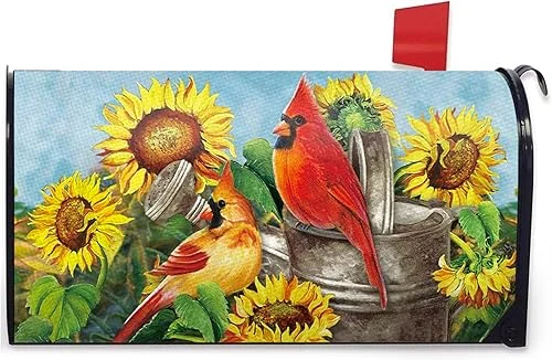 Spring Summer Cardinal Sunflower Mailbox Cover Magnetic Standard Size 21′ x 19′, Floral Flower Red Bird Rustic Decorative Post Letter Box Wrap Decor Fall Autumn Garden Yard Outdoor Decoration