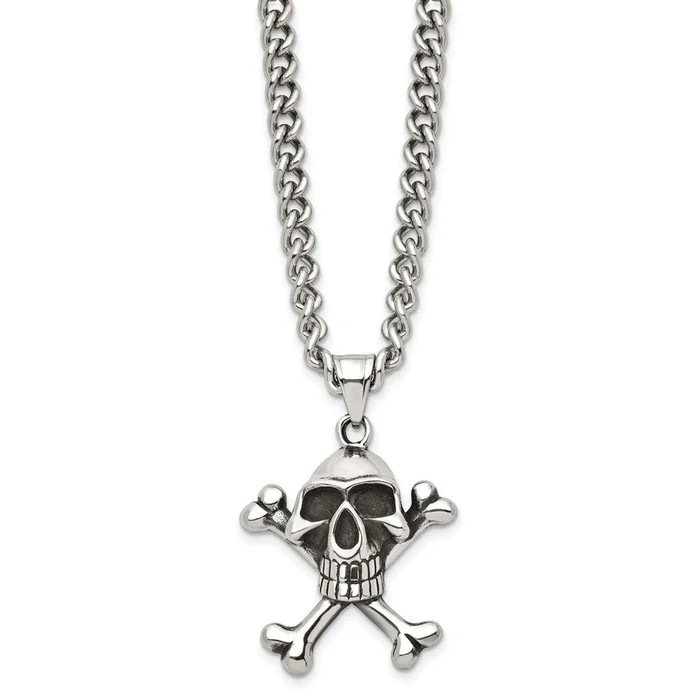 Stainless Steel Antiqued and Polished 24in Skull Crossbones Necklace