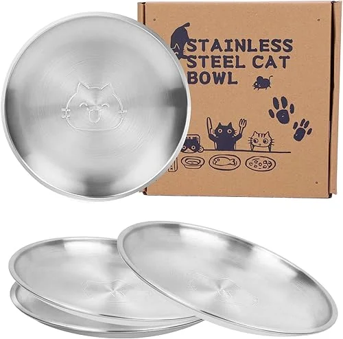 Stainless Steel Cat Dishes, 6.8′ Wide Whisker Friendly Cat Dishes, Shallow Metal Food Bowl for Kitten and Small Pets Reducing Whisker Fatigue 4 Pcs