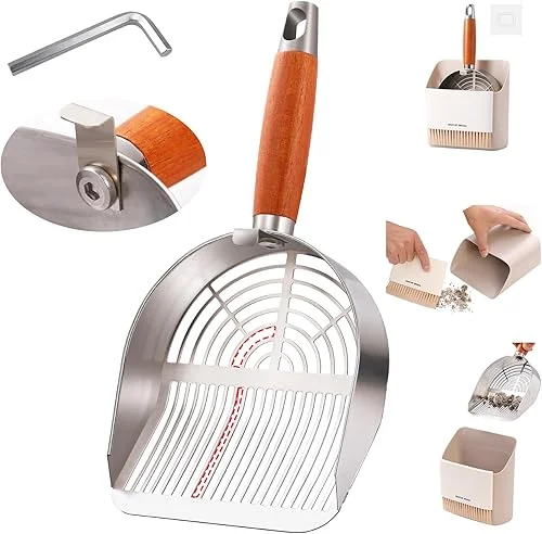 Stainless Steel Cat Litter Scoop with Holder, Small Broom & Dustpan – Durable, Anti-Break Handle, Dual-Width Holes for Quick Cleaning