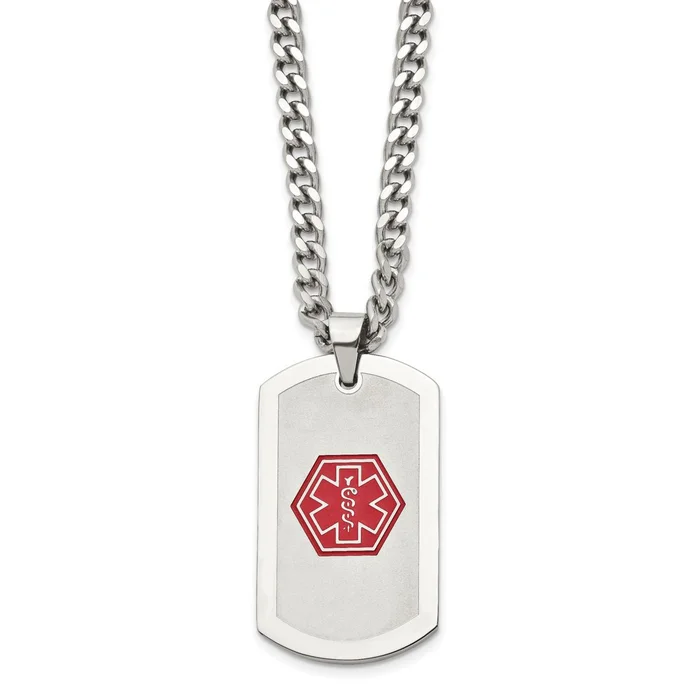 Stainless Steel Medical ID Necklace with Red Enamel