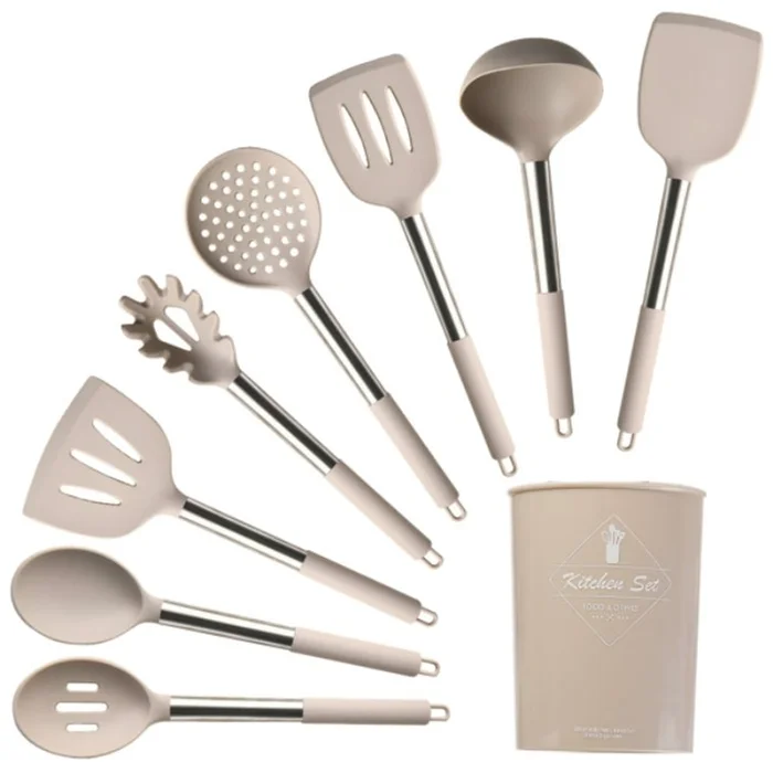 Stainless steel silicone kitchenware 9-piece set khaki color