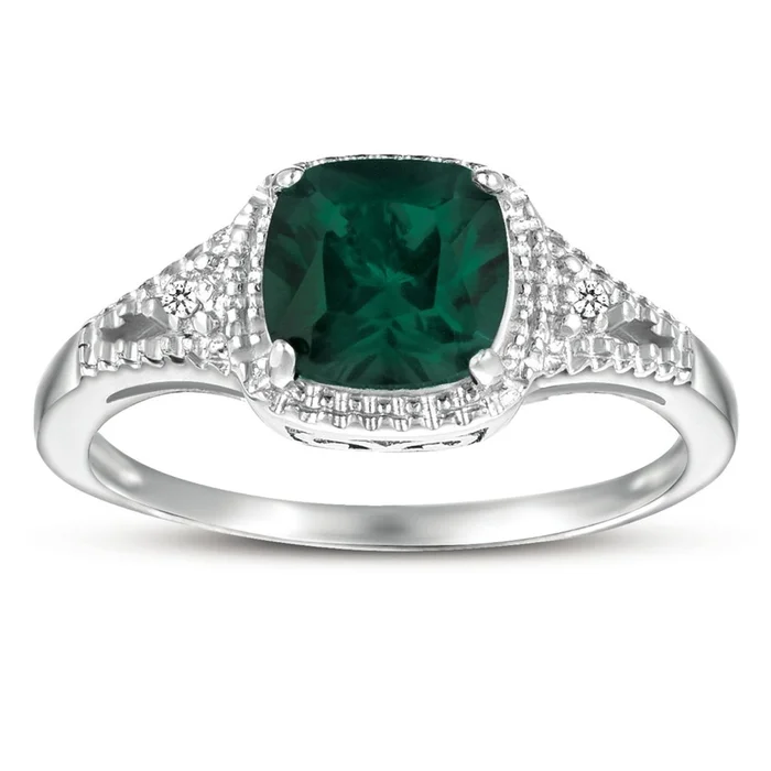 Sterling Silver 2.0CTW Cushion Cut Emerald & Diamond Accent Ring (Size 7)
