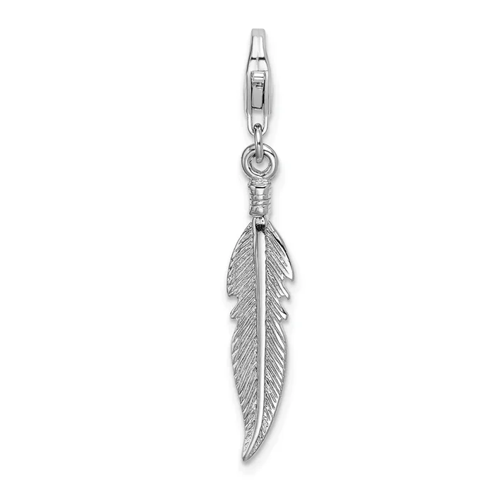 Sterling Silver Rhodium-Plated 3D Polished Feather Charm