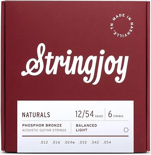 Stringjoy NB1254 Phosphor Bronze Acoustic Guitar Strings, 12-54 Light Gauge, Acoustic Guitar Strings for Clear Tones, Durable Light Guitar Strings, Naturals 6 String Set