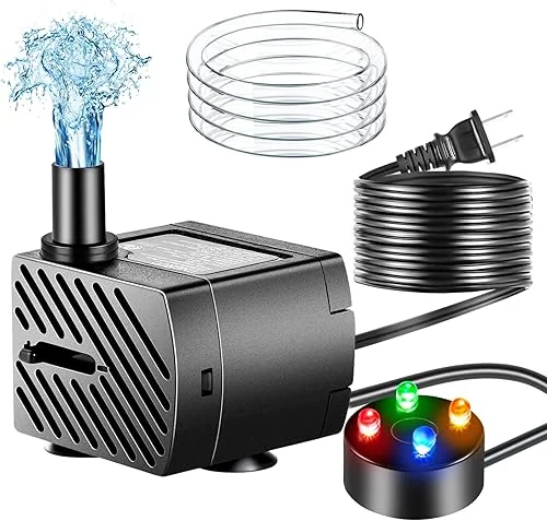 Submersible Pump, Small Fountain Pump with Tubing, Submersible Water Pump for Aquarium Fish Tank Indoor or Outdoor Pond Fountain Hydroponics Statuary (3W 50GPH, With Led Light)