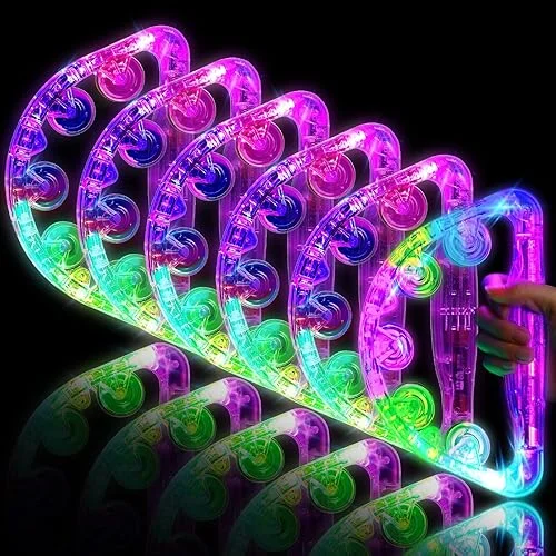 Sumind 4 Pieces LED Tambourine Light up 8.6 x 5.3 inch Tambourine Musical Flashing Tambourine Handheld Glow Tambourine Percussion Instrument for Men and Women Party, Random Color