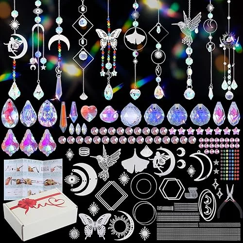 Sun Catcher,400pcs DIY Crystal Suncatchers Prism Hanging Making Kit Crafts Supplies for Adults Rainbow Maker with Chain for Outdoor Indoor Window Hanging Decor