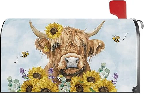 Sunflower Highland Cow Mailbox Cover Magnetic Standard Size 21×18 Inch Spring Summer Seasonal Decorative Post Letter Box Wrap Decor Garden Yard Decoration