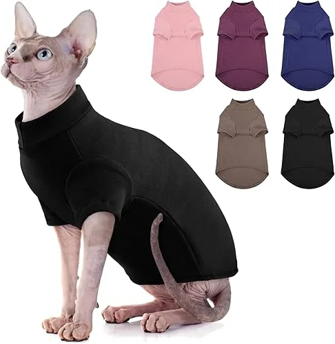 SUNFURA Turtleneck Sweater for Cat, Sphynx Cats Shirt Hairless Cat Sweaters with Sleeves, Warm and Soft Kitten Pullover Fleece Winter Pajamas Jumpsuit for Puppy Cats, Black M