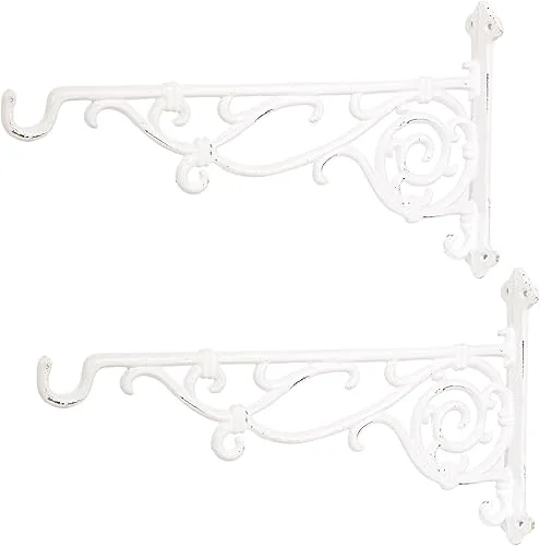 Sungmor Cast Iron Hanging Plant Bracket, 16.5′ Large Outdoor Wall Plant Hangers, 2pcs White Heavy Duty Hanging Basket Hooks, Decorative Hooks for Flower Pot, Lantern, Wind Chime, Hummingbird Feeder