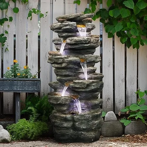 SunJet 40′ High 6-Tiers Cascading Rock Outdoor Water Fountain with LED Lights – Large Outdoor Fountains and Waterfalls for Garden or Patio, Yard, and Deck Decor, Featuring Natural Stone Look