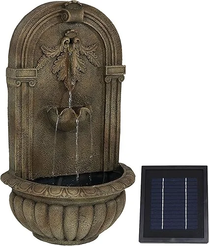Sunnydaze Florence 27-Inch Polystone Solar Wall Water Fountain with Battery Backup – Florentine Stone Finish