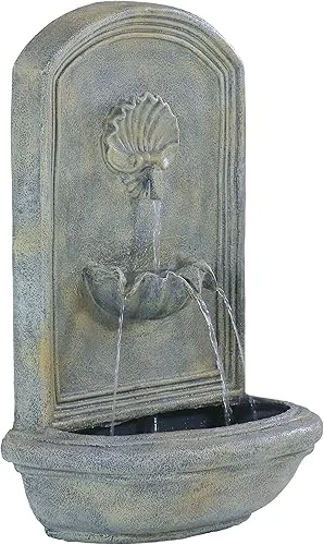 Sunnydaze Seaside 27-Inch Polystone Solar Wall Water Fountain with Battery Backup – French Limestone