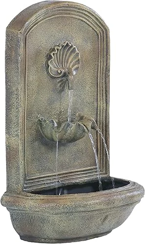 Sunnydaze Seaside 27-Inch Polystone Wall-Mounted Solar Fountain – Submersible Pump – Florentine Stone Finish