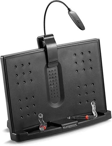 Superior Essentials Book Stand for Reading Hands Free – Recipe Book Cookbook Holder Stand for Kitchen Counter and Page Clips – Ideal for Textbooks, Cookbooks, and Devices