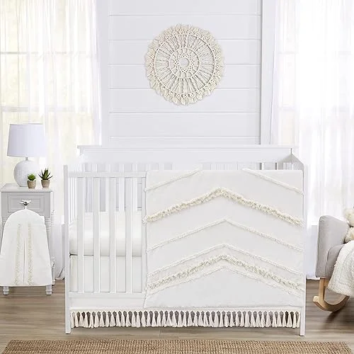 Sweet Jojo Designs 4-Piece Baby Crib Bedding Set (Ivory Boho) for Boys or Girls, Infants/Nursery incl. Blanket, Fitted Sheet, Skirt, Diaper Stacker (Gender Neutral, Bohemian, Farmhouse, Minimalist)