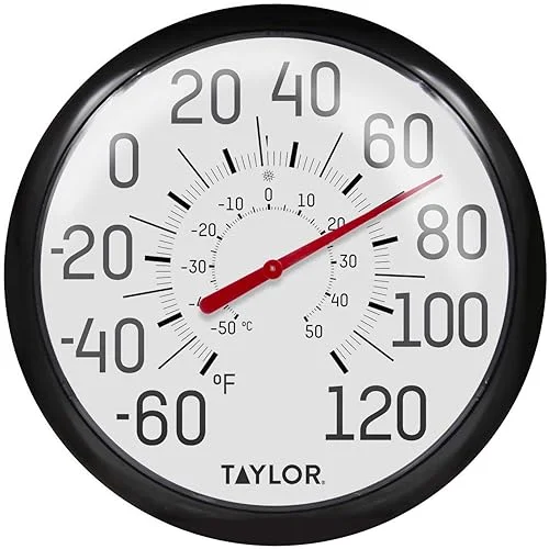 Taylor Big and Bold Wall Thermometer, Indoor Outdoor Thermometer, Wireless Thermometer with Easy to Read Numbers for Patio, Pool, and Indoor Areas, 13.25-inch, Black