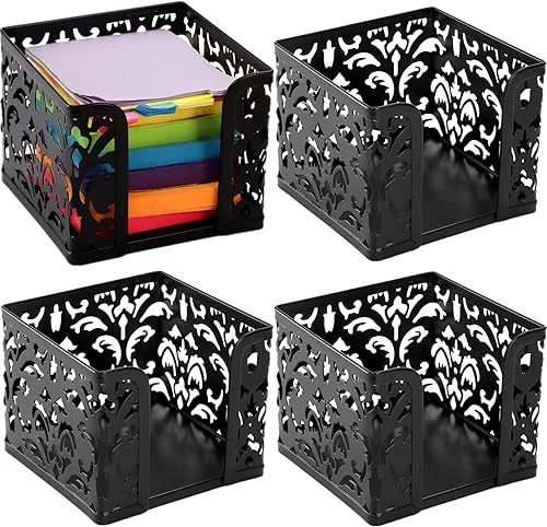 Tebery 4 Pack Black Metal Memo Note Cube Holder Dispenser, Square Sticky Notepad Post Holder for Pen Pencil Home School Office Desk Supplies,4 x 4 Inches