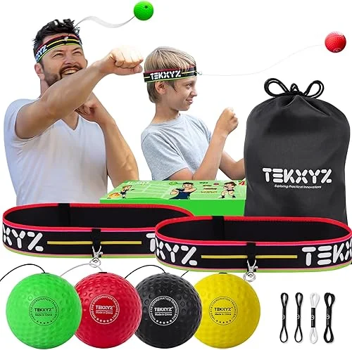 TEKXYZ Boxing Ball Family Pack – 2 Adjustable Headbands + 3 Balls (Novice, Veteran, Boxer)