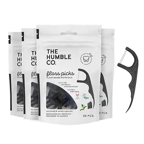 The Humble Co. Floss Picks (200 Count) – Plant Based Dental Floss Picks for Superior Oral Care, Dental Hygiene, and Gum Health, Cruelty Free Tooth Floss Picks (Charcoal, Double Thread)