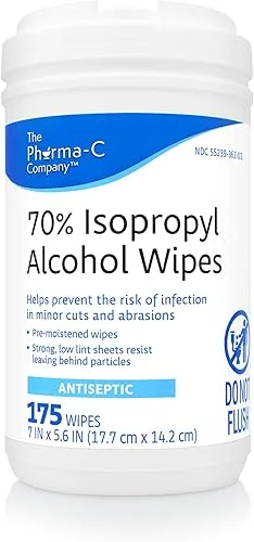 The Pharma-C Company 70% Isopropyl Alcohol Wipes [175ct Wipes] – Large Durable IPA Wipes. First-Aid Antiseptic Wound Cleaner with Moisture Lock Lid.
