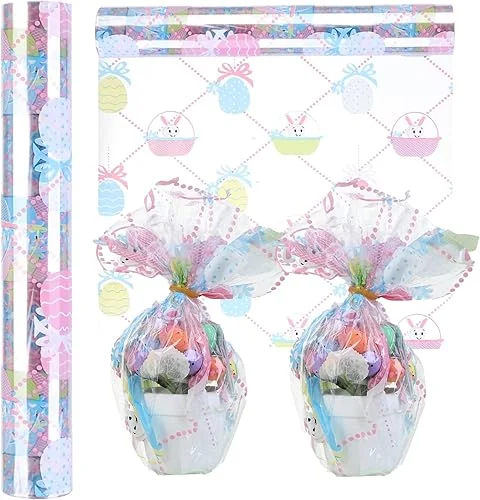 TIADYBOW 100 ft Easter Clear Cellophane Wrap Roll (31.5 in x 100 ft),Clear Wrapping Paper for Flower Gift Baskets Wrap (31.5′ fold into 16′) (Easter)