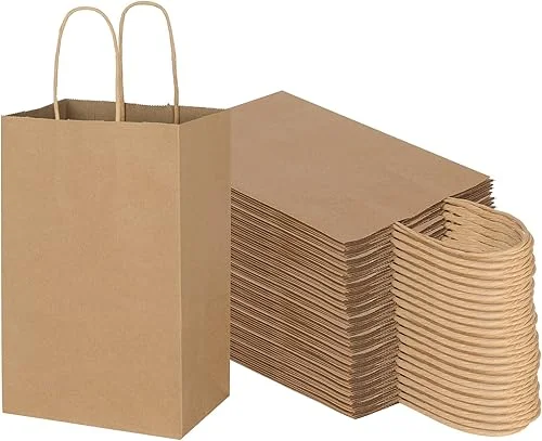 Toovip 100 Pack 5.25×3.25×8.25 Inch Small Plain Brown Kraft Paper Bags with Handles Bulk, Gift Bags for Favor Grocery Retail Party Birthday Shopping Business Goody Craft Merchandise Take Out Sacks