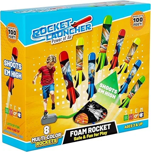 Toys Rocket Launcher for Kids – Launch up to 100 Ft, 8 Multi-Color Foam Rockets & Adjustable Launch Stand, Kids Outdoor Toys, Birthday Toys for Kids Boys Girls Age 3+ Years Old