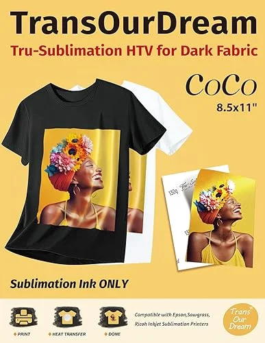 TransOurDream Tru-Sublimation Blanks CoCo Sets, Silky Fabric 10 Sheets for Cotton, Light/Dark Fabrics and Sublimation Paper 130g 30 Sheets 8.5×11’’