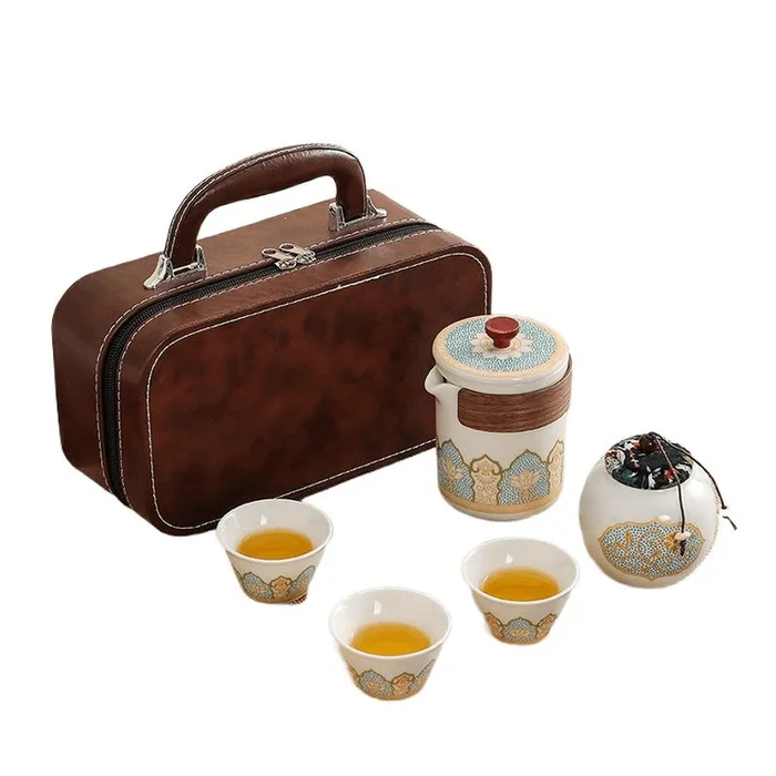 Travel Tea Set Outdoor Portable Ceramic Quick Customer Cup One Pot Four Cups Moon White (Brown Bag) 6.2CM