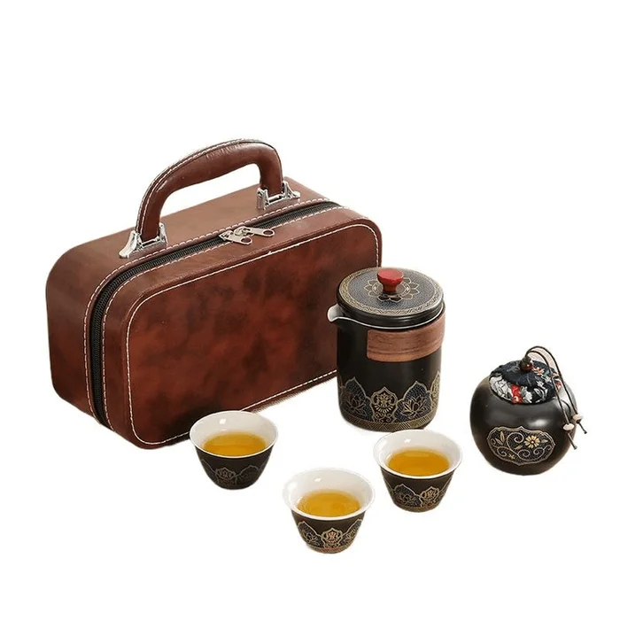 Travel Tea Set Outdoor Portable Ceramic Quick Guest Cup One Pot Four Cups Yahei (brown Bag) 6.2CM