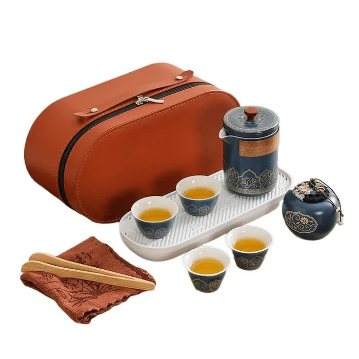 Travel Tea Set Outdoor Portable Ceramic Quick Guest Cup One Pot Three Cups Jilan (brown Bag) 6.2CM