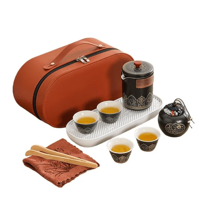 Travel Tea Set Outdoor Portable Ceramic Quick Guest Cup One Pot Three Cups Yahei (brown Bag) 6.2CM