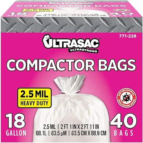 Ultrasac Trash Compactor Bags – (40 Pack with Ties) 18 Gallon for 15 inch Compactors – 25′ x 35′ Heavy Duty 2.5 MIL Garbage Disposal Bags Compatible with Kitchenaid Kenmore Whirlpool GE Gladiator