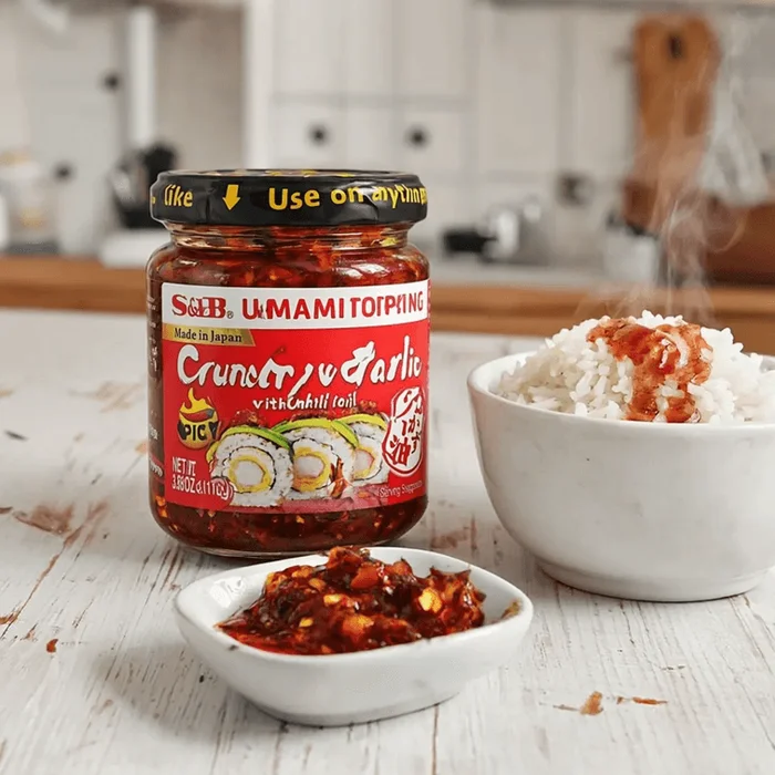 Umami Topping Crunchy Garlic With Chili Oil ,Spicy Flavor , 3.88 oz 【For Chicken, Sushi, Pasta, Salad, Noodles, Tofu】