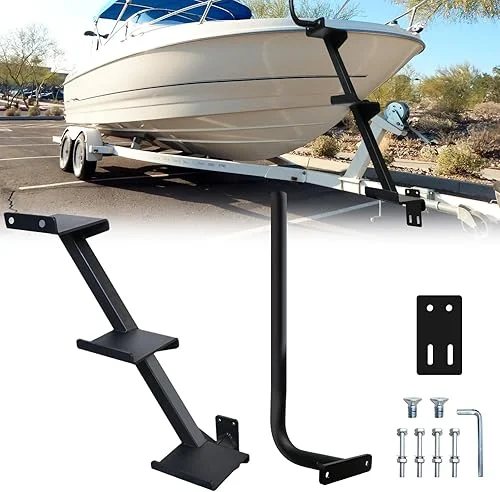 Universal Boat Trailer Steps for The Tongue Boat Trailer 3 Steps, Non-Slip Surface Universal Fit Boarding Steps with Handrail, Heavy Duty One-Piece Frame Trailer Tongue Step