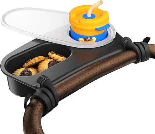 Universal Stroller Snack Tray,Cup Holder Stroller Tray with Silicone Flexible Arms Grip and Dust Cover–Fits Strollers,High Chairs,Joggers,Portable Toddler Feeding Tray for Snacks, Drinks, and Toy
