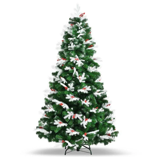 Unlit Snowy Hinged Christmas Tree with Mixed Tips and Red Berries-7′